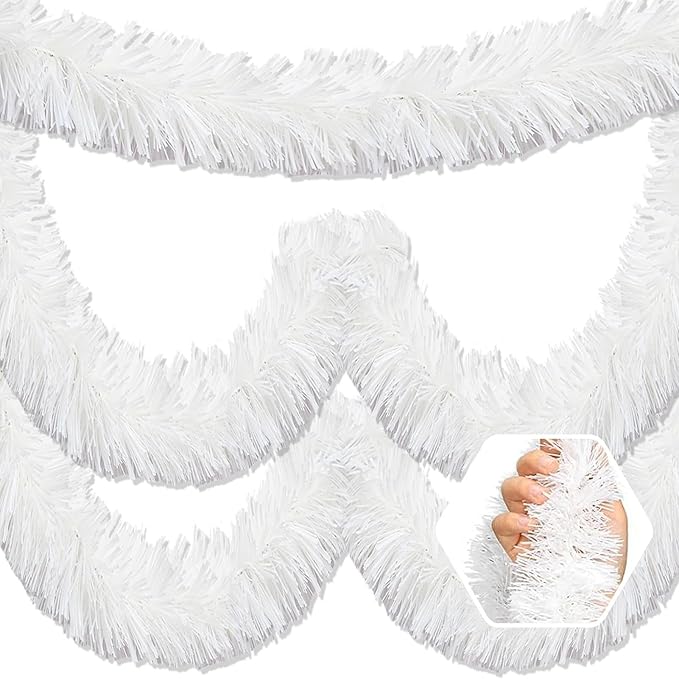 25 Feet Christmas Foil Fringe Banner Metallic Tassle Garland Metallic Backdrop Parade Floats Shiny Hanging Ceiling, Valentine's, Wedding, New Year Party Decorations(4" x 25', Macaron White)