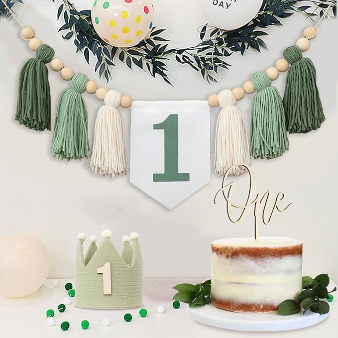 Wild One High Chair Banner For 1st Birthday Party Decorations With Green Wood Bead Tassel Garland Crown Hat Wooden Cake Topper