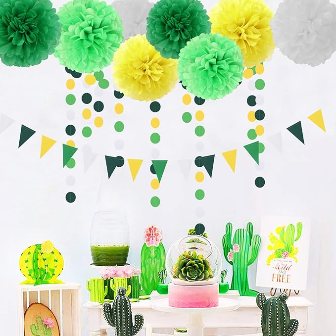 Yellow Green White Party Decorations - 30pcs Tissue Pom Poms Streamers,Spring Summer Wedding Engagement Tassel Garland Banner,Graduation Birthday Baby Bridal Shower Decor Ouruola
