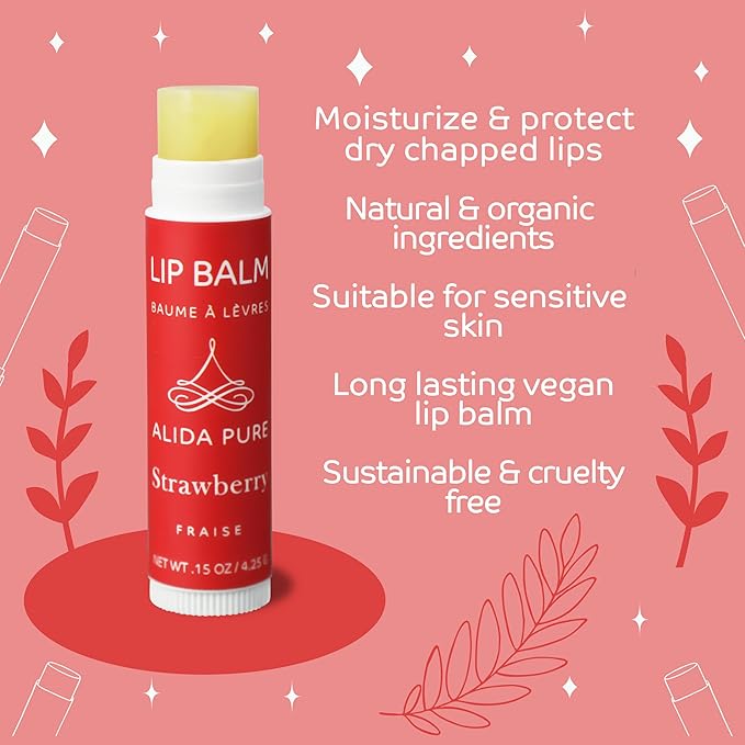 Strawberry Lip Balm Collection, Vegan Set, Beeswax Free, with Organic Jojoba and Avocado Oil, Vitamin E, Natural Moisturizer for Dry, Chapped Lips, 3 Tube Set