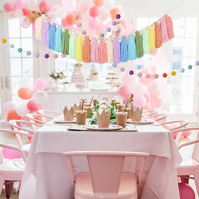 2pcs Boho Tassel Garland,Pom Pom Tassel,6.5 Feet Long 20 Balls Ball Garland,Colorful Wall Hanging Party Decorative Banner Pastel,Home Decoration Wedding Birthday Baby Shower