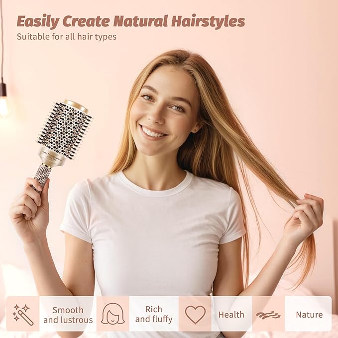 Round Hair Brush for Blow Out, 1.7 Inch, Nano Thermal Ceramic & Ionic Tech, Boar Bristle, Roller Brush for Blow Drying and Styling, Includes 4 Free Clips, Gold