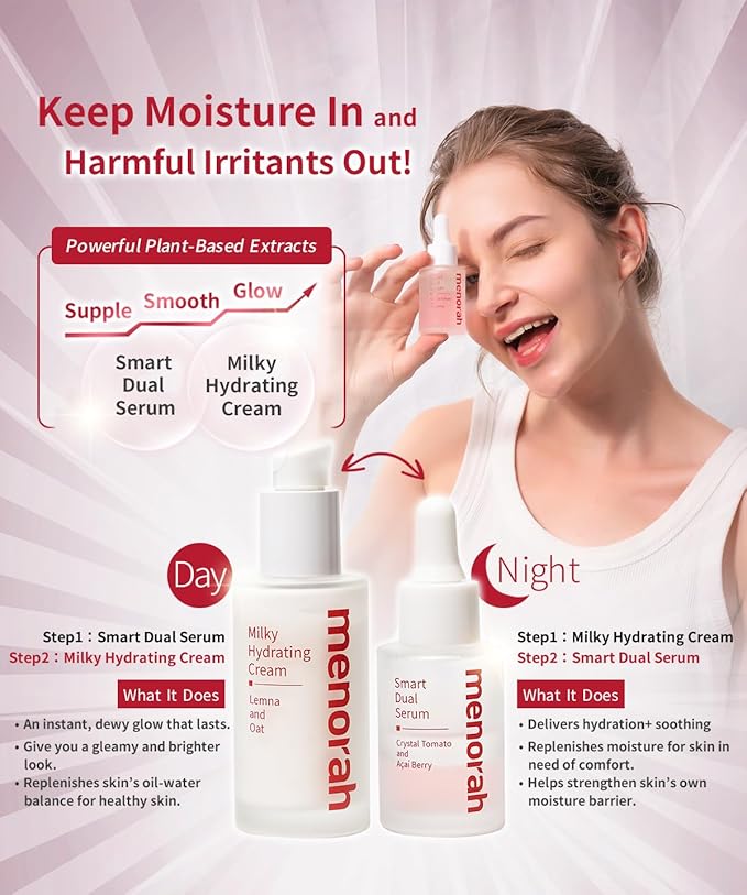 menorah skincare - Smart Dual Serum - with Crystal Tomato and Acai Berry, Anti-Aging Face Serum with Vitamin C+E, Natural Coconut & Palm Oils, Glow & Hydration Booster, Oil-Infused Formula