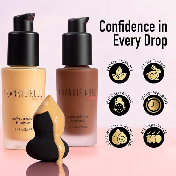 Frankie Rose Cosmetics Matte Perfection Foundation Makeup – Long-Lasting, Hydrating Foundation for Semi-Matte Finish - Foundation Full Coverage for All Skin Types - (Cappuccino)1.0 US fl oz / 30 ml