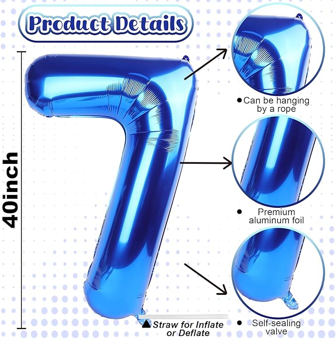 40 Inch Navy Blue Number 7 Balloon, Dark Royal Blue Large Self Inflating Foil Balloons for 7th Birthday Decoration Boys, Digital 7 Helium Balloon for Girls Men Birthday Baby Shower Anniversary Party