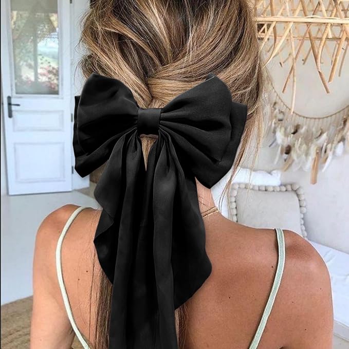 Silky Satin Women's Hair Bows with Long Tail Bowknot for Hair Clips, Accessories and Gifts (Black)