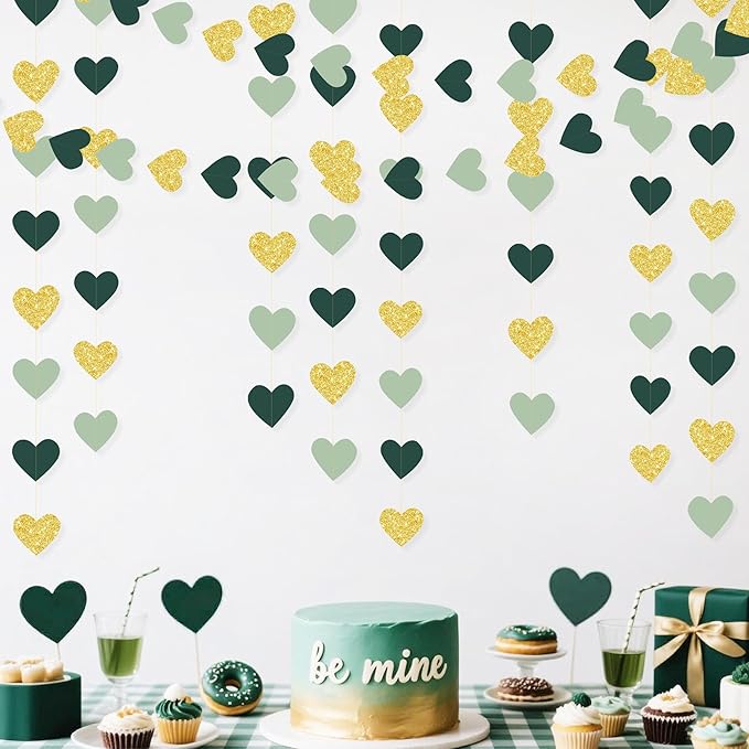 Sage Green and Gold Heart Party Glitter Gold Paper Olive Green Love Heart Hanging Garland Streamer Banner for Woodland Safari Baby Shower Birthday Wedding Anniversary Valentines Day Party Decorations