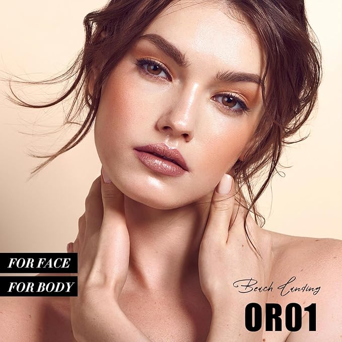 FOCALLURE Shimmer Face Highlighter Makeup Powder, Gel to Powder Glow Finish, Leaving a Lightweight & Healthy Radiance, Long Lasting Luminous Face Body Highlighter Makeup,OR01 Beach Landing