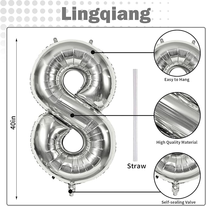 Silver Foil Balloon Number 8 for Boys, 40'' Giant Self Inflating Number Balloons Set 0-9 for Girls, Large Number 8 Helium Balloon for Women Men 8th Birthday Anniversary Party Decorations Supplies