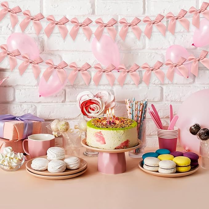 2pcs Bow Garland Banner, Ribbon Bow Party Decorations for Baby Shower Girls Bow Coquette Birthday Party Decor (Peach Pink)