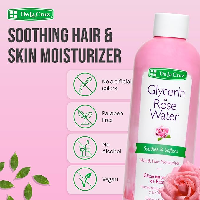 De La Cruz Rose Water and Glycerin for Face - Rosewater Facial Toner and Moisturizer for Skin and Hair 8 fl oz. (236 mL) - 1 Bottle