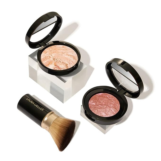 LAURA GELLER NEW YORK Blush-n-Glow Kit (3 PC): Baked Balance-N-Glow Illuminating Powder Foundation, Fair + Retractable Kabuki Brush + Baked Blush-N-Brighten, Pink Grapefruit