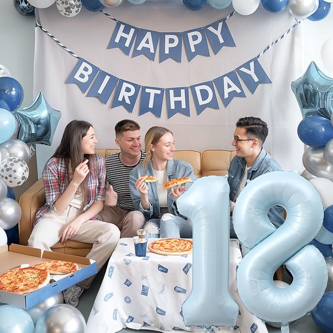40 Inch 18 Balloon Number, Large Pastel Baby Matte Blue Foil Number 18 Balloons Birthday Party Decor, Light Sky Blue Helium Mylar Self Inflating Balloon for Men 18th Birthday Anniversary Decorations