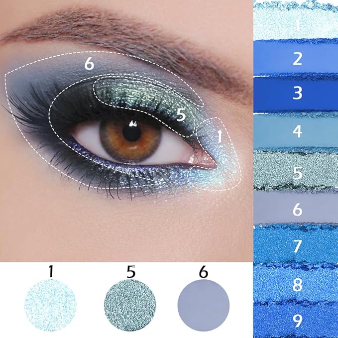 AMY'S DIARY Matte Shimmer Light Deep Blue Eye Shadow Palette Makeup,Eyeshadow Long Lasting Waterproof Cruelty-Free, 9 Blendable Shades in Smooth Finishes with Gorgeous Pearls for Girls (Blue)