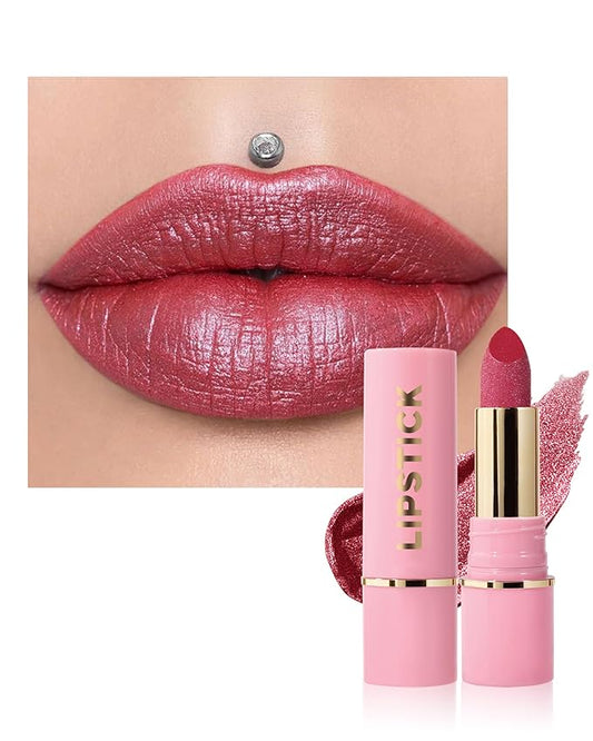 Glitter Metallic Rose Nude Shimmer Lipstick Long Lasting,Glitter Diamond Shine Red Lipstick Transfer Proof Non-Stick Lip Gloss Shimmer Highly Pigmented Full Coverage Lip Makeup for Women-05
