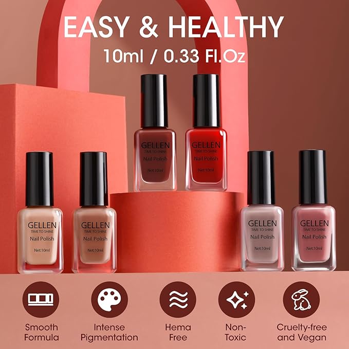 GELLEN Nail Polish Set, Nude Red Brown Quick Dry Traditional Regular Nail Polish Fall Winter 6 Colors Set for Fingernails Toe Nails Acrylic Natural Nails Home Salon, Non UV Gel, Hema Free, Non-toxic