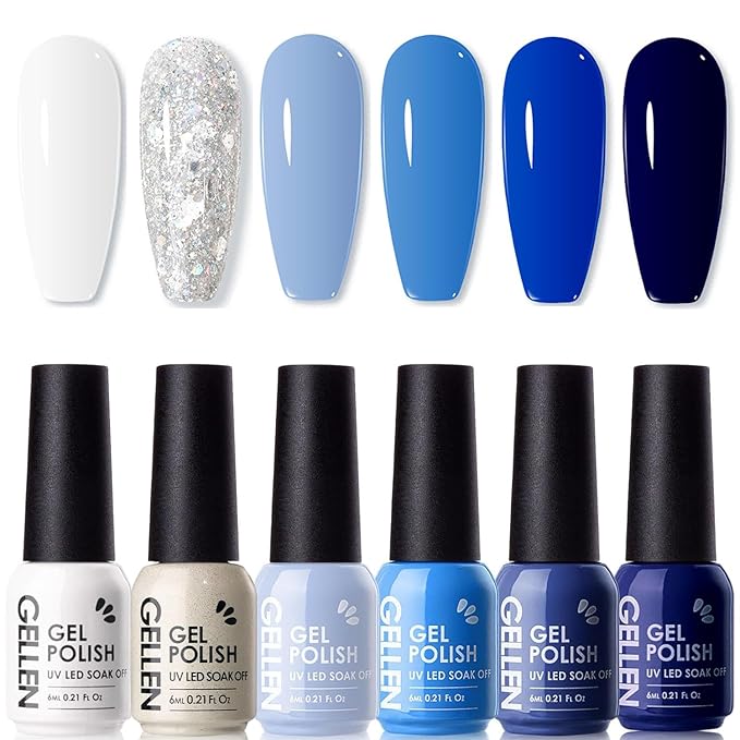 GELLEN Blue Gel Nail Polish Set, UV Gel Polish Baby Navy Cobalt Blue White Glitter Summer Winter Bright 6 Colors Set, Long Lasting No Wipe Soak Off Glossy Manicure Gifts for Women Girls Christmas