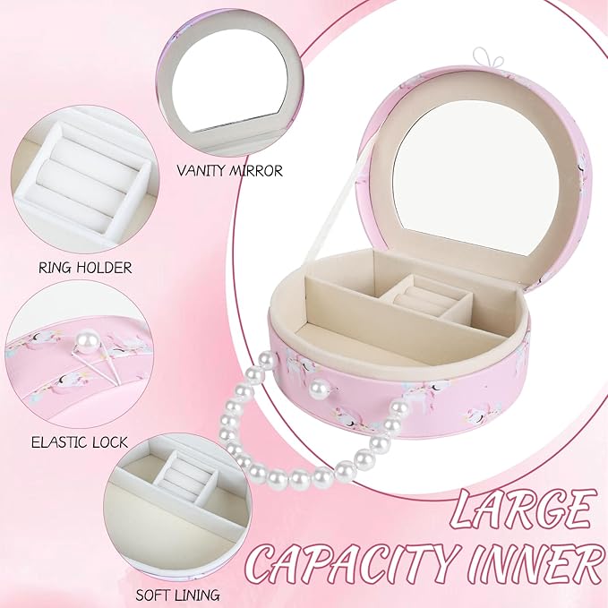 Velachuan Princess Jewelry Box for Girls with Hair Accessories,Girls Hair Clips Bows Set, Fashion Hair Styling Kit with Mirror,Pink Sparkle Trinket Box Includes Hair Clips (Ribbon)