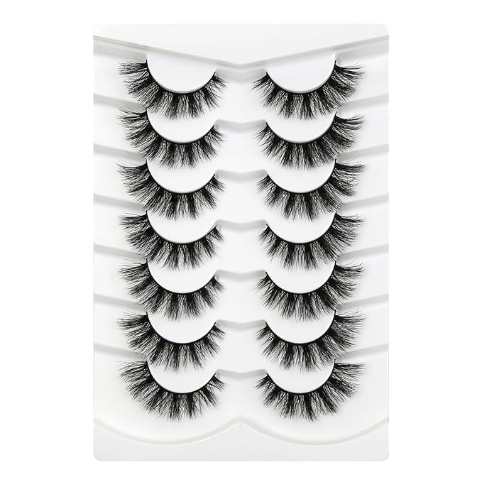3D Clear Band Lashes 14mm Natural Soft Faux Mink Lashes C/D Curl Cat Eye Wispy Fake Eyelashes Short Cross Reusable False EyeLashes 7 Pairs (No.368)