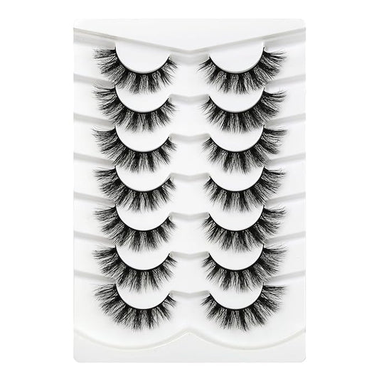 3D Clear Band Lashes 14mm Natural Soft Faux Mink Lashes C/D Curl Cat Eye Wispy Fake Eyelashes Short Cross Reusable False EyeLashes 7 Pairs (No.368)