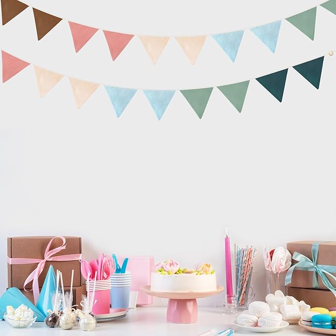 2 Sets of Brown Pink Blue Green Nursery Garland 24pcs Rainbow Linen Fabric Baby Banner Triangle Pennant Flags Streamers for Kids Birthday Boho Baby Shower Party Decorations Baby Bedroom Nursery Decor