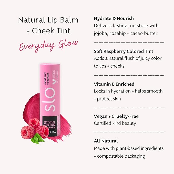 Slo | Natural Lip Balm - All Natural Ingredients, Vegan & Cruelty Free, Hydrating & Soothing, Plastic Free, Paper Packaging | Raspberry + Rosehip | 3 Pack (3 x 0.28oz/8g)
