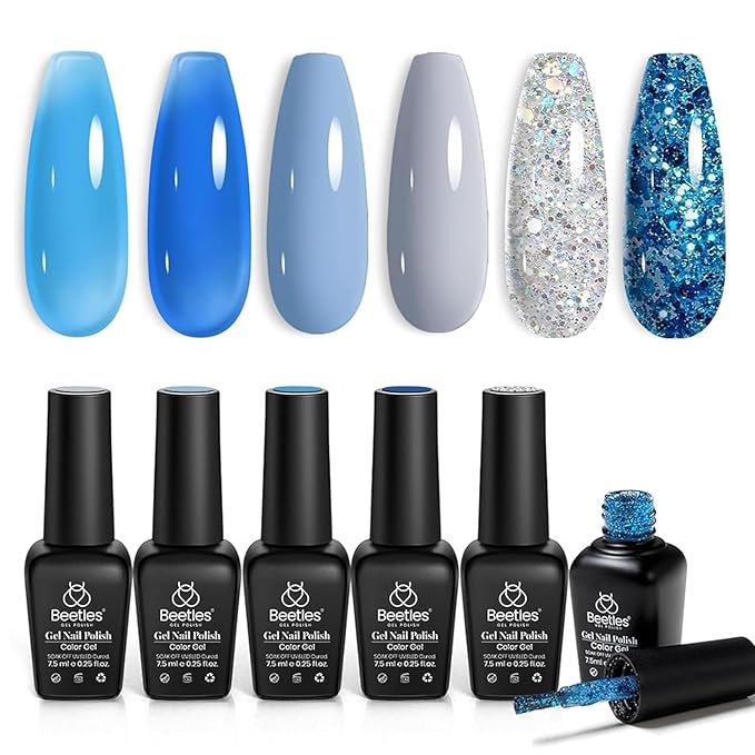 Beetles Blue Gel Polish, 6 Colors Jelly Blue Gel Polish Sliver Glitter Nude Gray Translucent Nail Polish Chasing Breeze Jelly Gel Nail Art Design Soak off Nails Manicure for Girls Women
