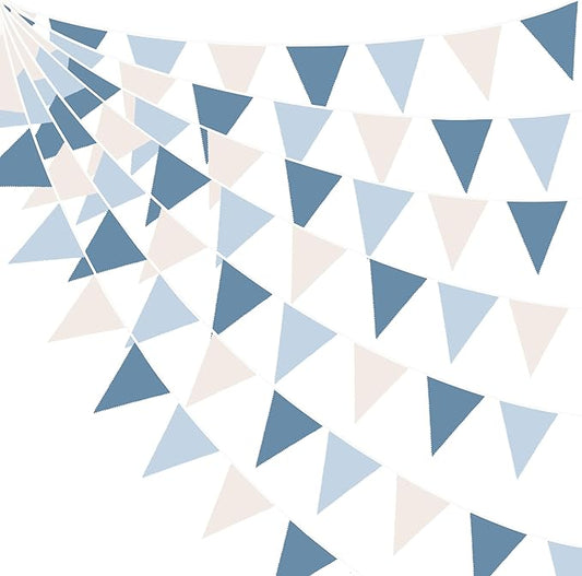 32Ft Blue Party Decorations Retro Blue Triangle Banner Flag Pennant Bunting Fabric Garland Streamers for Nautical Wedding Birthday Ahoy Achor Bridal Baby Shower Under The Sea Party Decoration