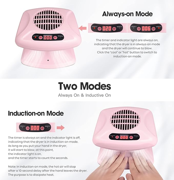 Air Nail Dryer with Automatic Sensor, 300W Timing Air Nail Fan Blow Dryer for Both Hands and Feet, Warm & Cool Wind Blower Dryer for Regular Nail Polish, Home and Salon Use No Harmful (Pink)