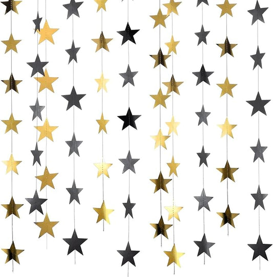 Patelai 130 Feet Glitter Star Garland Banner Decoration Hanging String Star New Year Eve Party Supplies Gold Black Party Decor for 2026 New Year Valentines Wedding Birthday (Gold and Black)