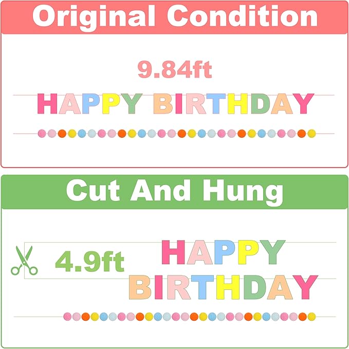 2 PCS Pre-Strung 3D Felt Happy Birthday Banner - Reusable Rainbow Happy Birthday Decorations Sign, Felt Ball Garland, Pom Pom Garland, Party Decor, Photo Prop (MACARON)