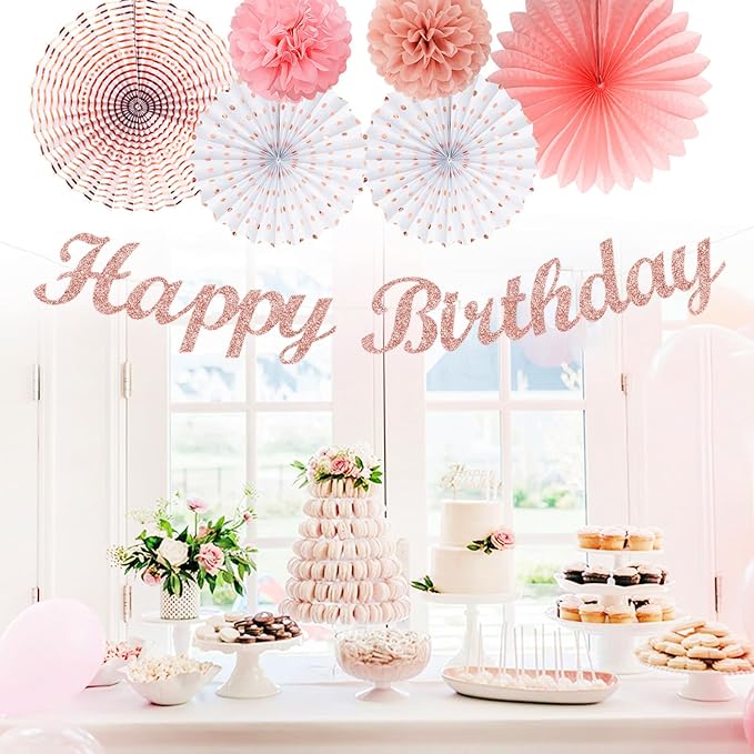 Pink White Rose-Gold Birthday Party-Decorations - 21pcs Happy Banner, Paper Lanterns,Tissue Pom Poms Flower Fan,Honeycomb Ball,Swirl Streamers Garland Supplies Decor Girls Women Huglony