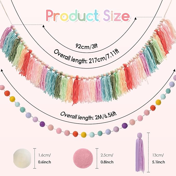 2pcs Longer Boho Tassel Garland, Pom Pom Tassel, Felt Ball Garland,Colorful Wall Hanging Party Decorative Banner Pastel, Home Decoration Wedding Birthday Baby Shower (Longer Rainbow)