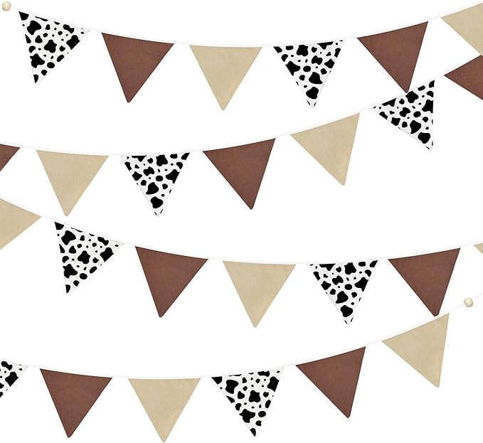 2 Sets of Cow Party Decorations Nursery Garland 24Pcs Brown Western Cowboy Fabric Linen Baby Banner Triangle Pennant Flags for Cowgirls Rodeo Birthday Country Baby Shower Derby Day Go Wild West Decor