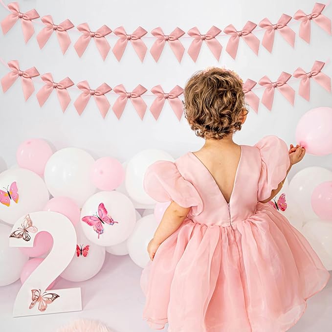 2pcs Bow Garland Banner, Ribbon Bow Party Decorations for Baby Shower Girls Bow Coquette Birthday Party Decor (Peach Pink)
