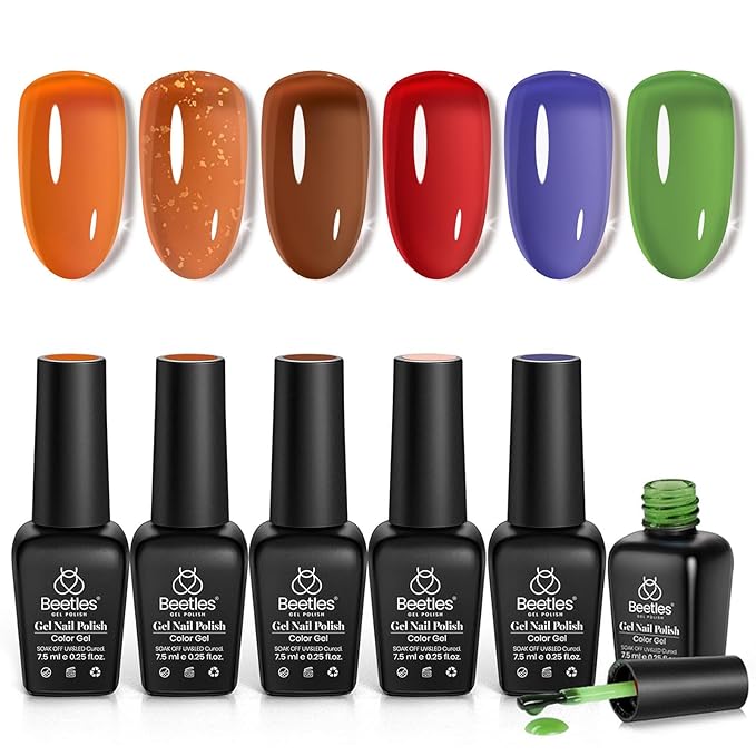 Beetles Fall Gel Polish - Fall Glimmer 6 Colors Jelly Polish Set, Tortoise Brown Orange Blue Green Jelly Colors Nail, Soak Off LED UV Curing Manicure Kit Gift for Women
