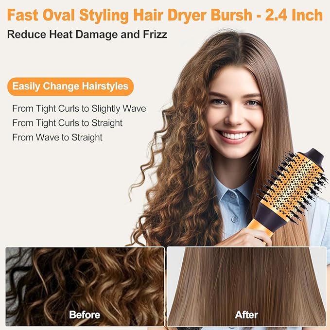 Air Styler Hair Dryer Brush - 110,000 RPM Flexible Hair Styler for Fast Drying/Rotating Curling/Volumizing/Straightening, Auto Wrap Curlers, High-Speed Oval Blow Brush Hair Dryer (Black-Orange)