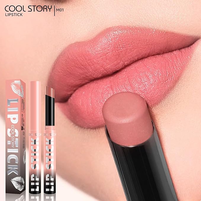 COOL STORY Matte Lipstick Lightweight Blurring Formula with High Impact Pigment, Long-lasting, 0.07 oz (Peach Nude)