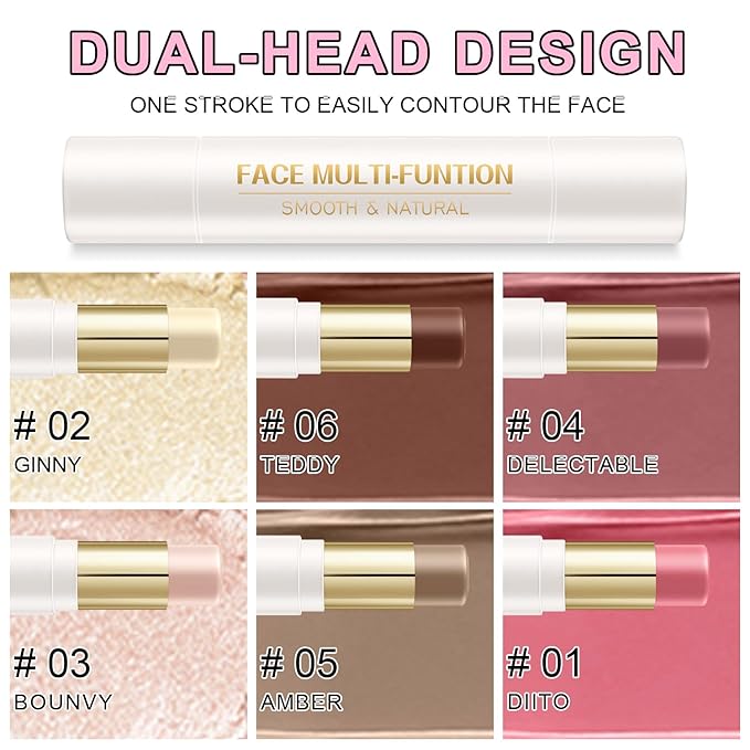 6 Colors Cream Contour Stick Makeup Kit, Shades with Highlighter Stick, Blush Stick and Double-End Bronzer Stick for Sculpt the Cheeks, Waterproof,Dewy & Matte Finish for Beginners (6 COLORS SET A)