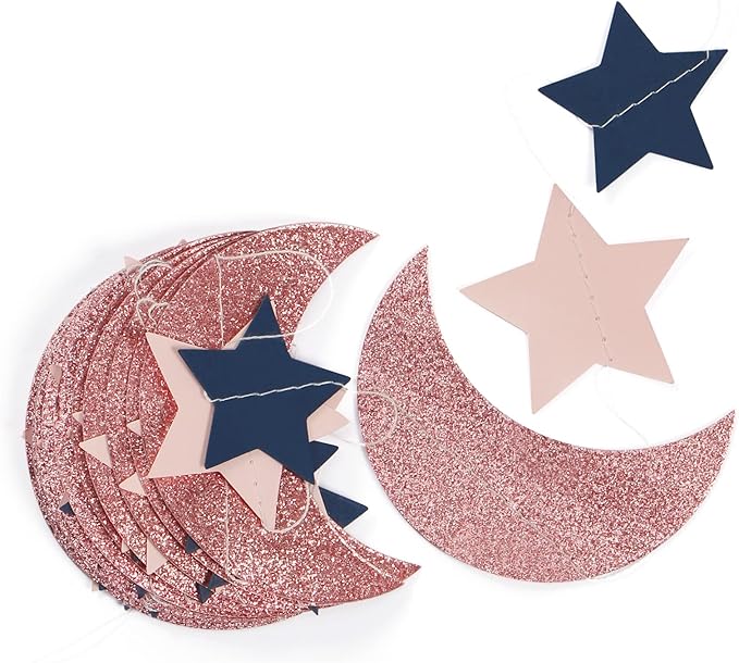 Rose-Gold Moon-Star Party Decorations Garland - 52Ft Navy Blue Pink Twinkle Little Star Hanging Decoration Streamers Banner, Eid Ramadan Mubarak Decoration Birthday Wedding Baby Shower Decor Panduola