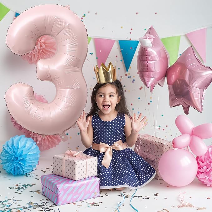 3rd Birthday Balloons for Girls, 40'' Foil Self Inflating Light Baby Pink Number 3 Balloon, Pastel Dusty Blush Pink Large 3 Balloon Number for 3 Yeal Old Birthday Party Decor Anniversary Decorations