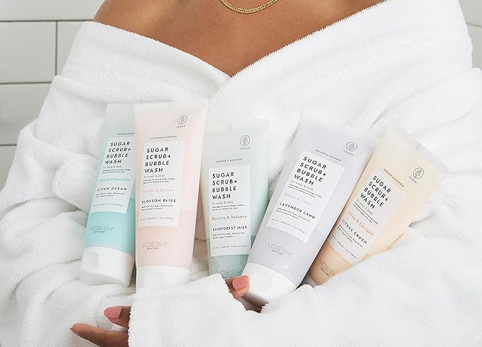 VOESH Sugar Scrub + Bubble Wash, Exfoliating Body Scrub & Body Wash, Blossom Bliss 2 Pack, Scalp Scrub, Scalp Care, Shower Sugar Scrub, Vegan Body Care