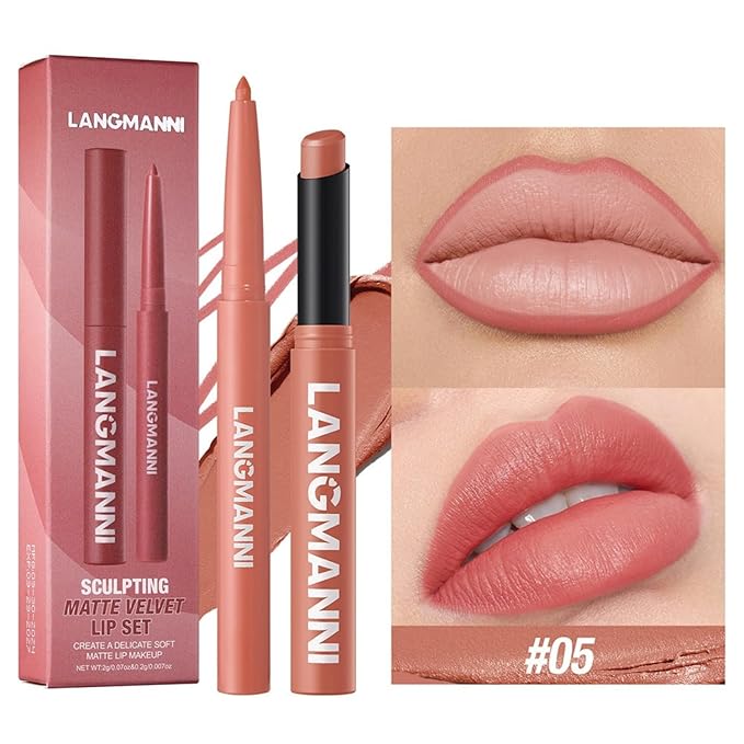 Lip Liner + Lipstick Set (12 Shades Available) -Matte Lipstick for Women, Silk Finish Hydration Lip Kit, Waterproof Smooth Creamy Texture, Bold to Nude Shades for Daily & Party Wear, Makeup Gift (05)