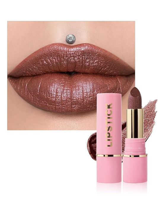 Glitter Metallic Brown Shimmer Lipstick Long Lasting, Glitter Diamond Shine Nude Red Lipstick Transfer Proof Non-Stick Lip Gloss Shimmer Highly Pigmented Full Coverage Lip Makeup for Women-08