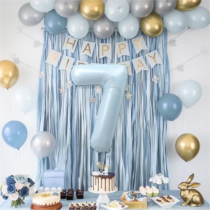 7th Birthday Balloons for Boys, 40'' Foil Self Inflating Light Baby Blue Number 7 Balloon, Pastel Dusty Sky Blue Large Helium Mylar 7 Balloon Number for Kid Birthday Party Decor Anniversary Decoration