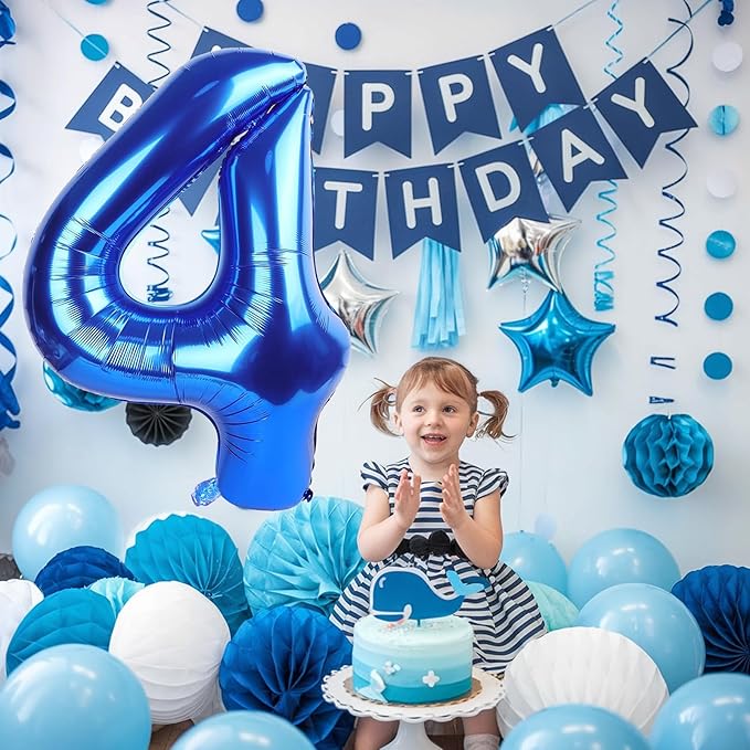 40 Inch 4 Balloons, Large Navy Blue Number 4 Balloon for 4th Birthday Foil Number Balloons Set 0-9, Self Inflating Dark Royal Blue Digital 4 Helium Balloon for Boys Birthday Anniversary Party Decor