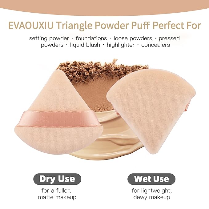 2 Pcs EVAOUXIU Triangle Powder Puff for Face Powder, Soft Plush Setting Powder Puff, Velour Cosmetic Foundation Blender Sponge Beauty Makeup Tools (Black&Nude)