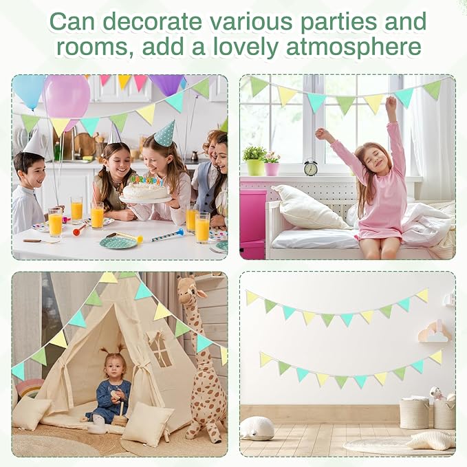 2PCS Pennant Banner Flags, Fabric Bunting Banner Nursery Garland Decor, Baby Shower Garland, Triangle Flags for Baby Boy Room, Playroom, Boho Birthday Party Decor, Each 7.75 ft (Yellow Green Blue)