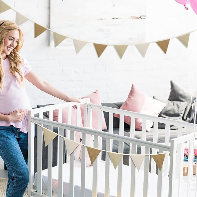 VitalCozy 17 ft Pennant Banner Flags, 2 Pcs Nursery Garland Triangle Bunting Flag Double Side Baby Banner for Boho Decor Baby Shower Birthday Wedding Party Event, Each 8.5 ft(Khaki Color)