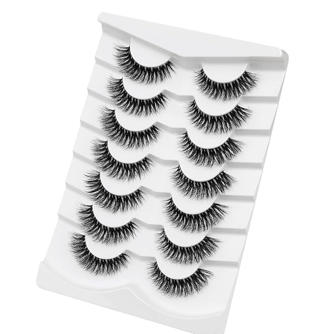 3D Clear Band Lashes Natural Volume Soft Faux Mink Lashes D Curl Cat Eye Wispy Fake Eyelashes Short Cross Reusable False EyeLashes 7 Pairs (No.197)